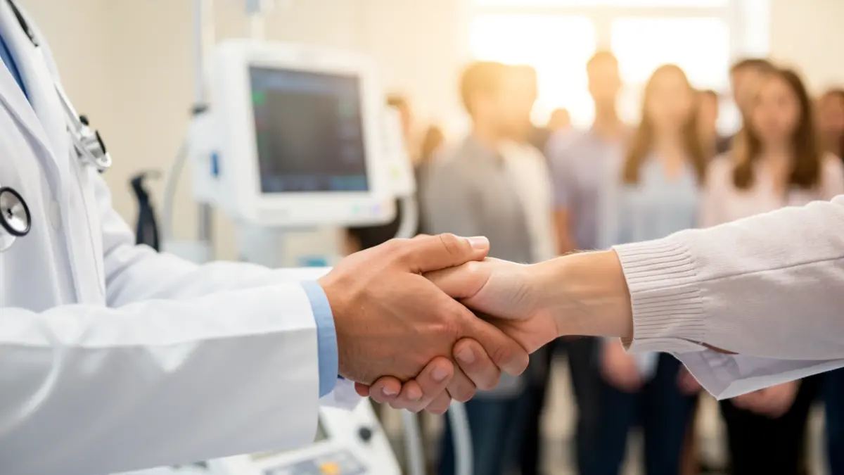 Close-up of hands offering support in a healthcare setting.