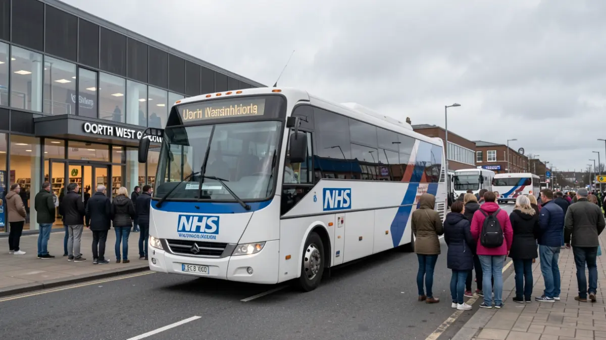 NHS mobile vaccination bus offering flu jabs in a North West England shopping centre.