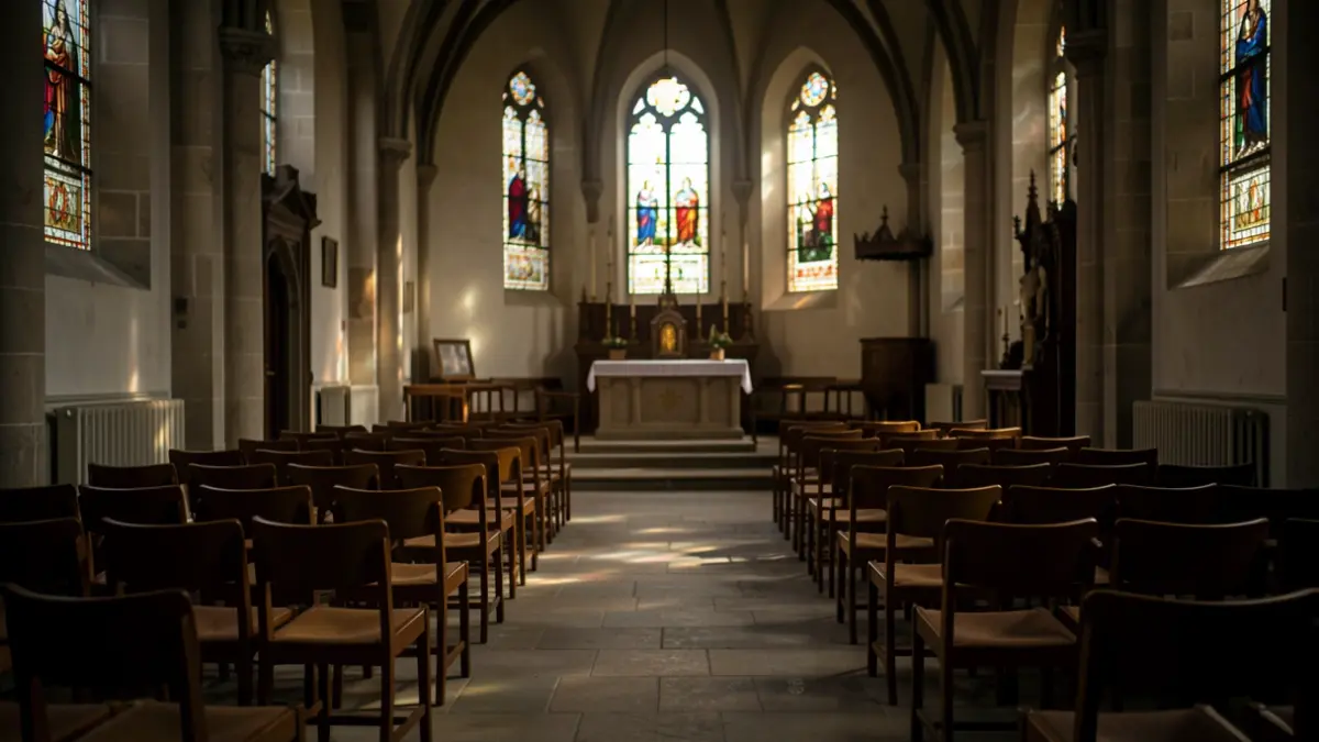 A chapel interior set up for a remembrance service, with empty chairs and soft lighting.