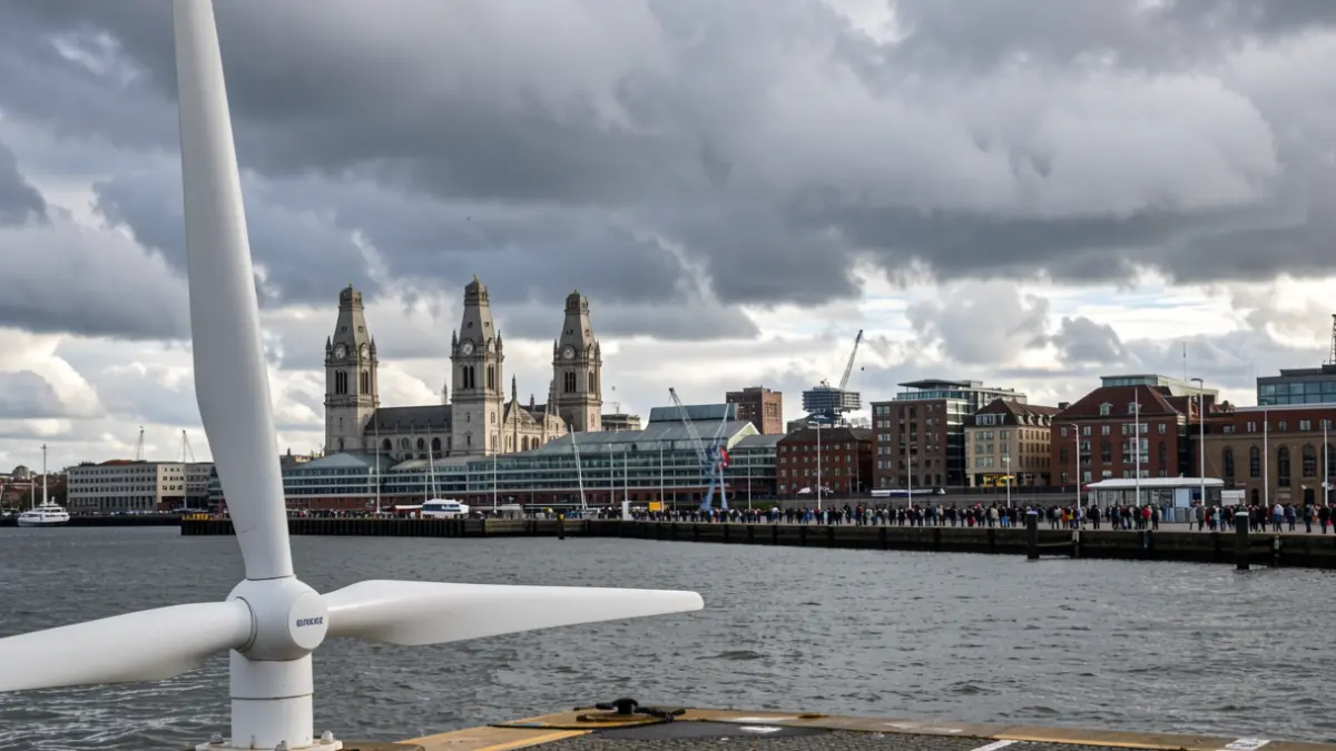 Liverpool waterfront with a wind turbine blade, symbolising clean energy job opportunities.