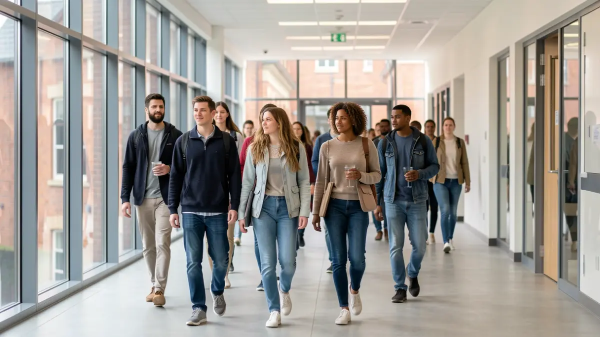 Students walking through a college corridor in North West England.