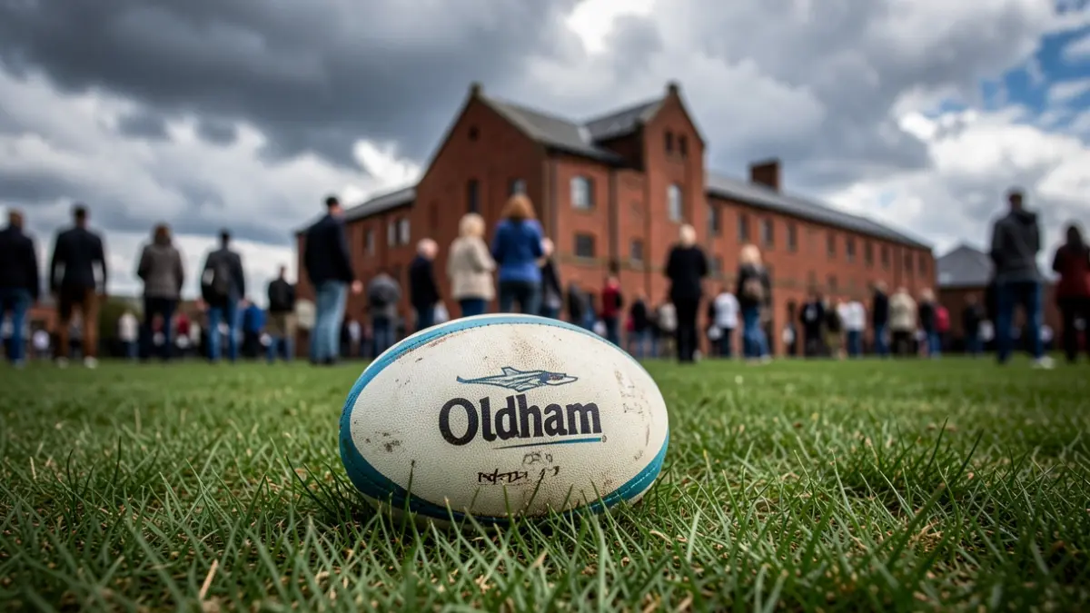 A rugby ball on grass with Oldham's industrial heritage in the background.
