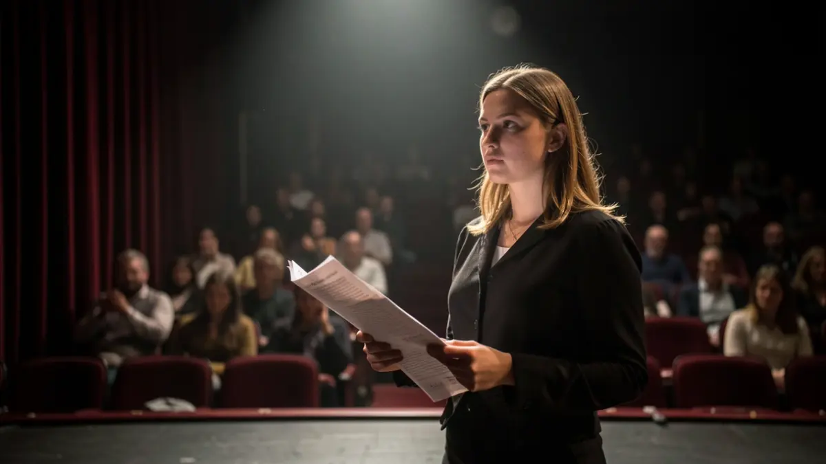 Generic image of a young woman on a theatre stage holding a script.
