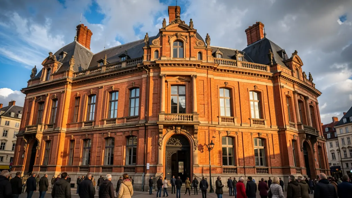 Generic image of the facade of a historic red-brick building with ornate architectural details and large windows, bathed in warm afternoon sunlight under a blue sky with dramatic clouds.