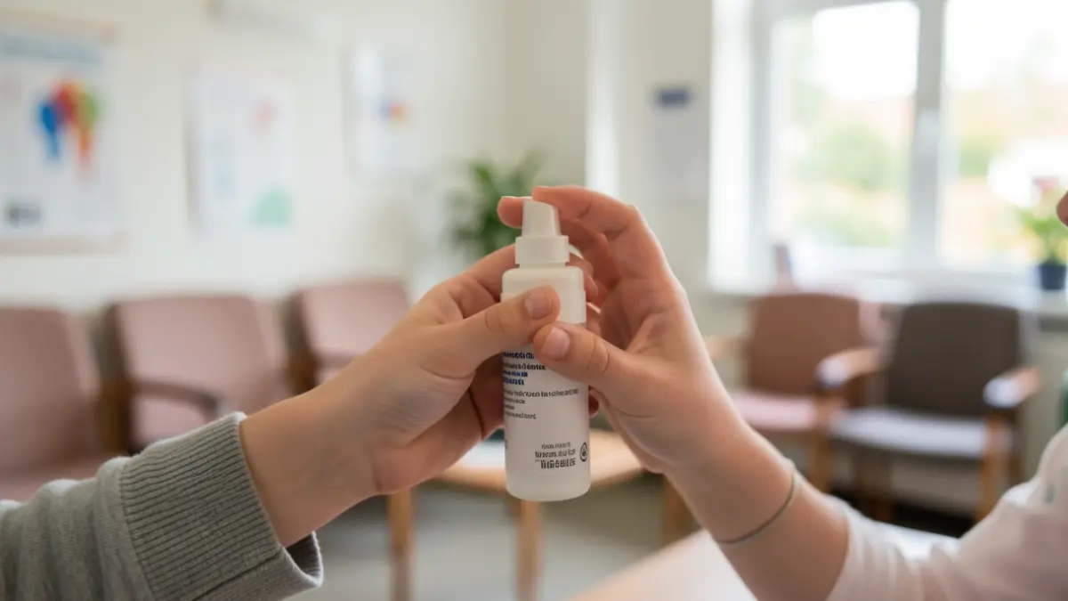 Generic image of a child's hand and a nasal spray applicator in a blurred medical setting.