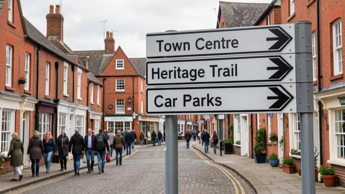 New wayfinding signpost in Penrith town centre, indicating directions to local attractions and amenities.