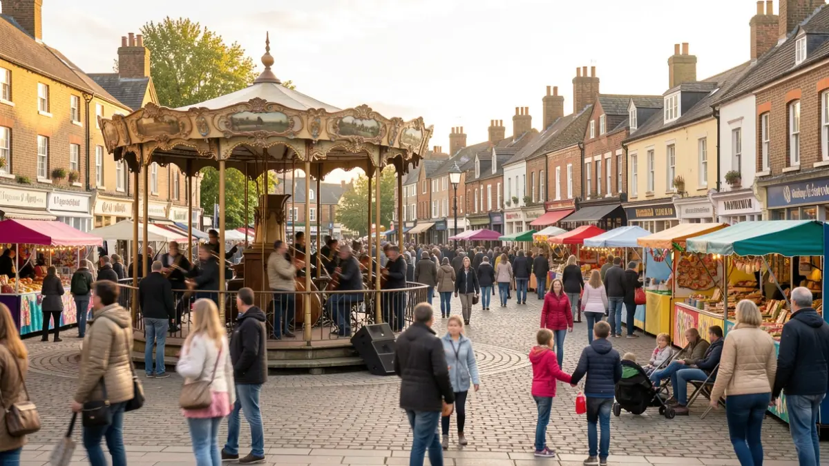 Generic image of a town square filled with people enjoying music and activities.