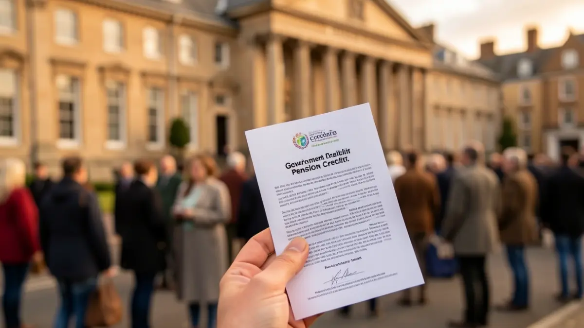 A hand holds a Pension Credit leaflet with a blurred town hall in the background.