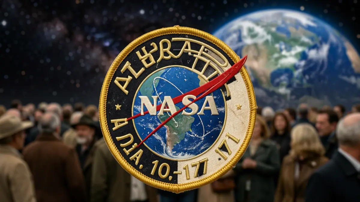 Close-up of a vintage NASA Apollo 17 mission patch against a starry night sky.