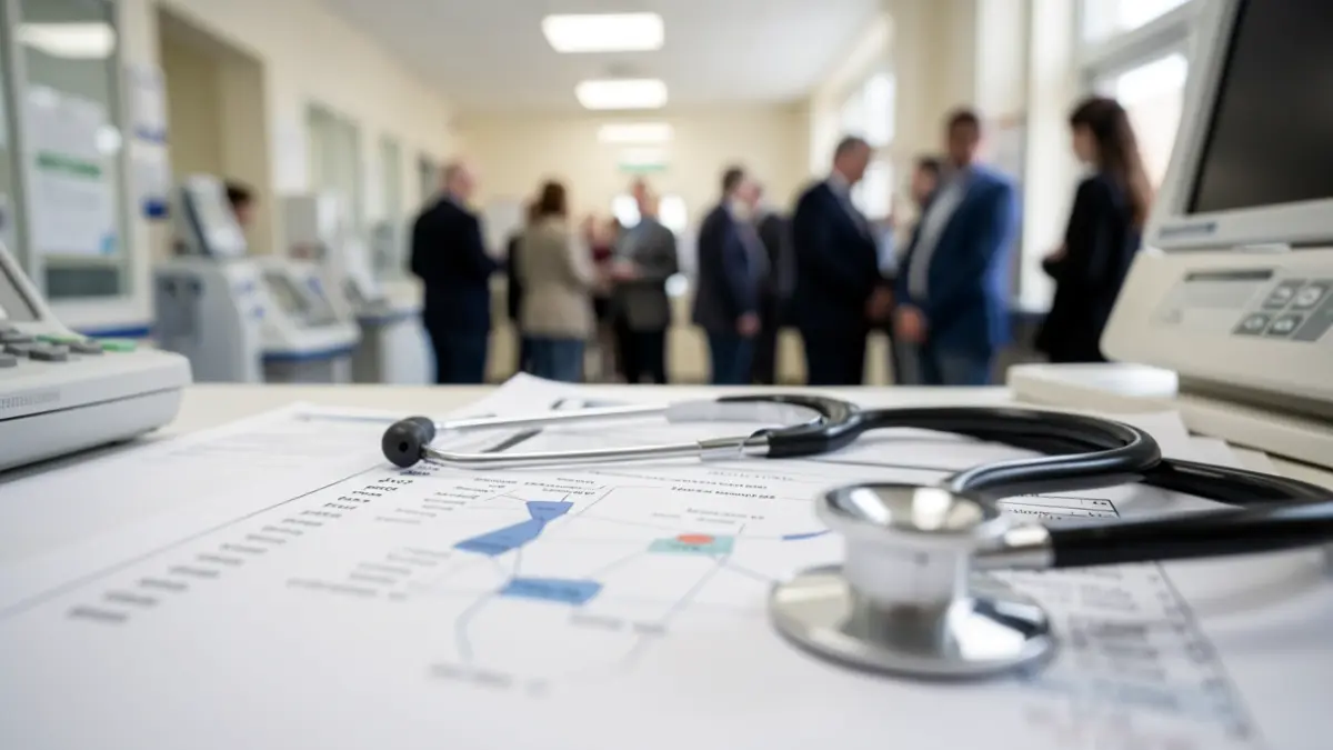 Medical chart and stethoscope in a North West England hospital setting.