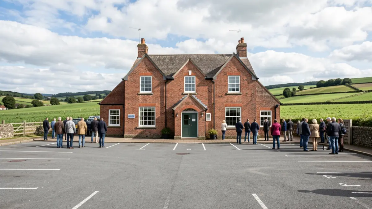 Generic image of a red-brick village hall with a car park in front, under a partly cloudy sky.