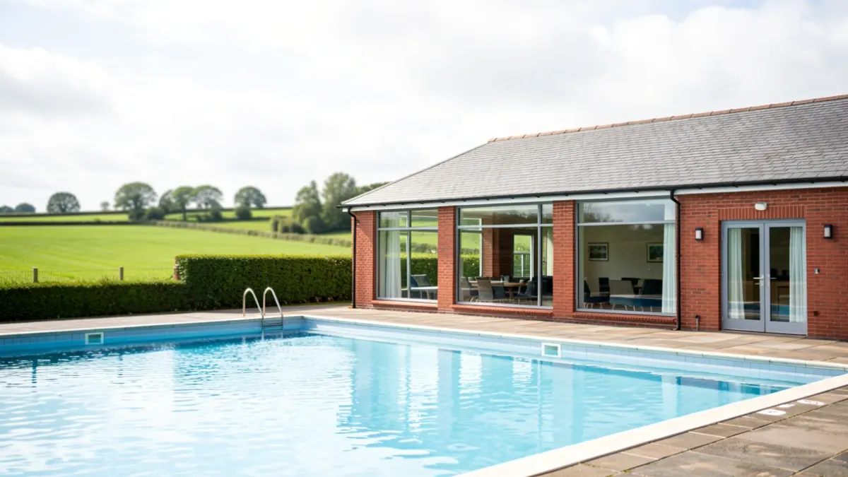 Generic image of the exterior of a public swimming pool building with a modern extension and red brickwork, set against green fields under a bright, overcast sky.