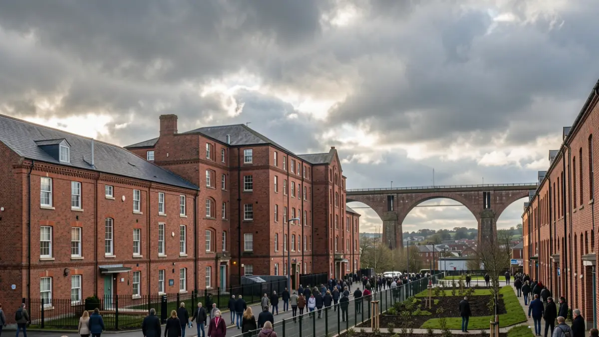Generic image: greater Manchester, under a dramatic, cloudy sky with Northern light. A section of a new housing development is visible in the foreground.