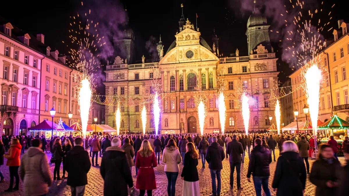 Generic image of a festive night-time town square illuminated by colourful lights and fire effects, with a large building in the background.