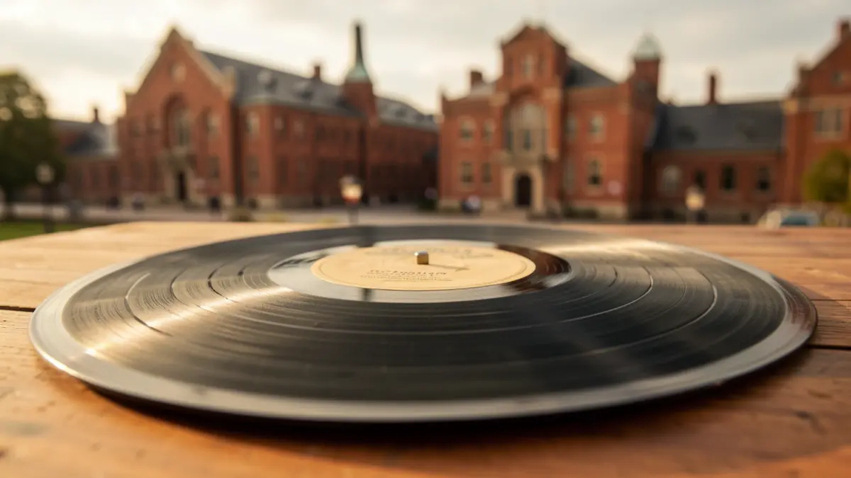 A vinyl record with Rochdale landmarks in the background.
