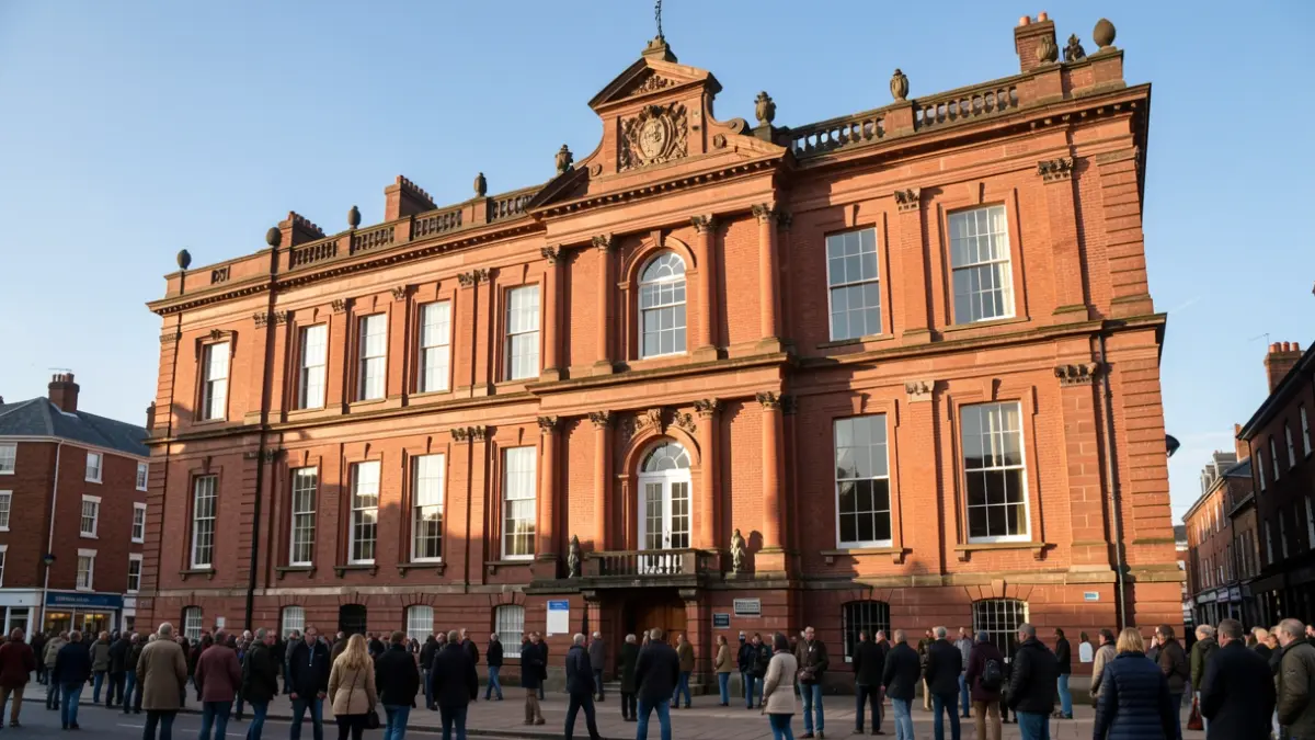 Generic image of a red-brick town hall building in North West England, with ornate architectural details and large windows, under a blue sky.