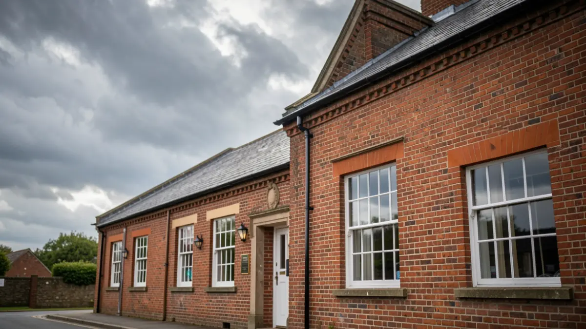 Generic image of the exterior of a historic red-brick building with large windows under a cloudy sky.
