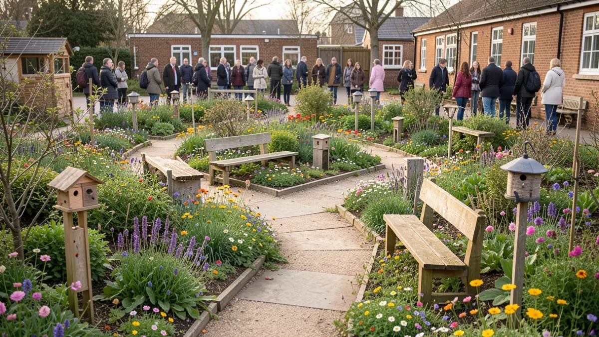 Generic image of a school garden with wildflowers and seating areas.