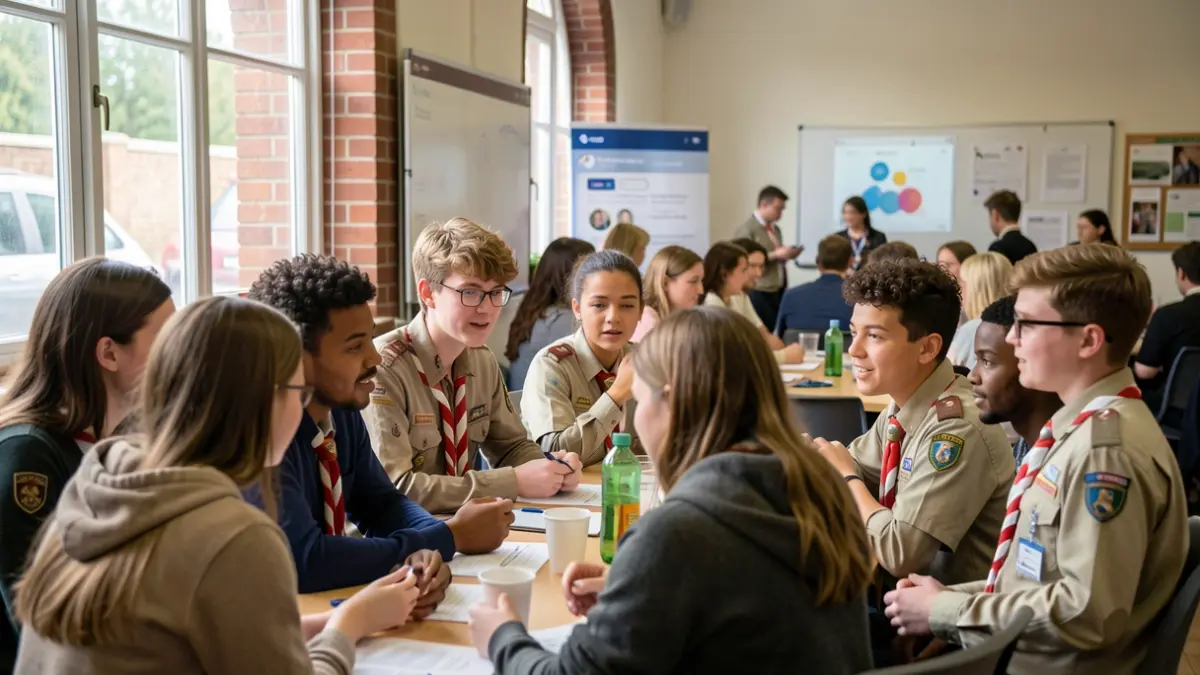 Generic image of young people engaged in a workshop discussion, with abstract digital elements in the background.