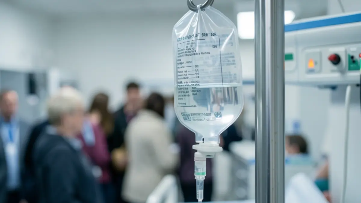Close-up of an IV drip bag in a hospital setting, symbolising medical care and recovery.