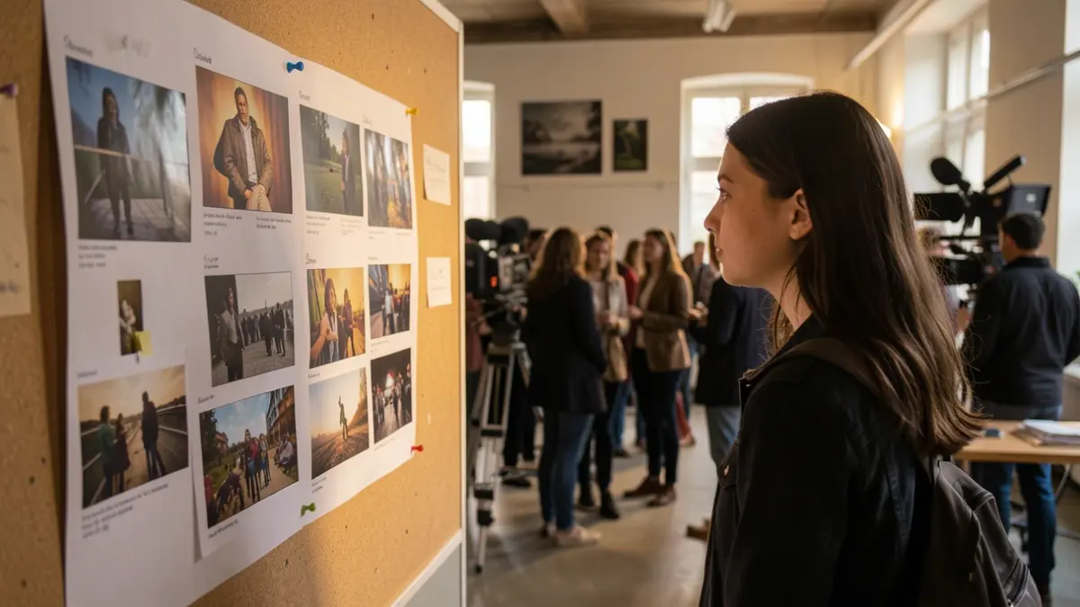 Student filmmaker reviewing her storyboard for a short film.