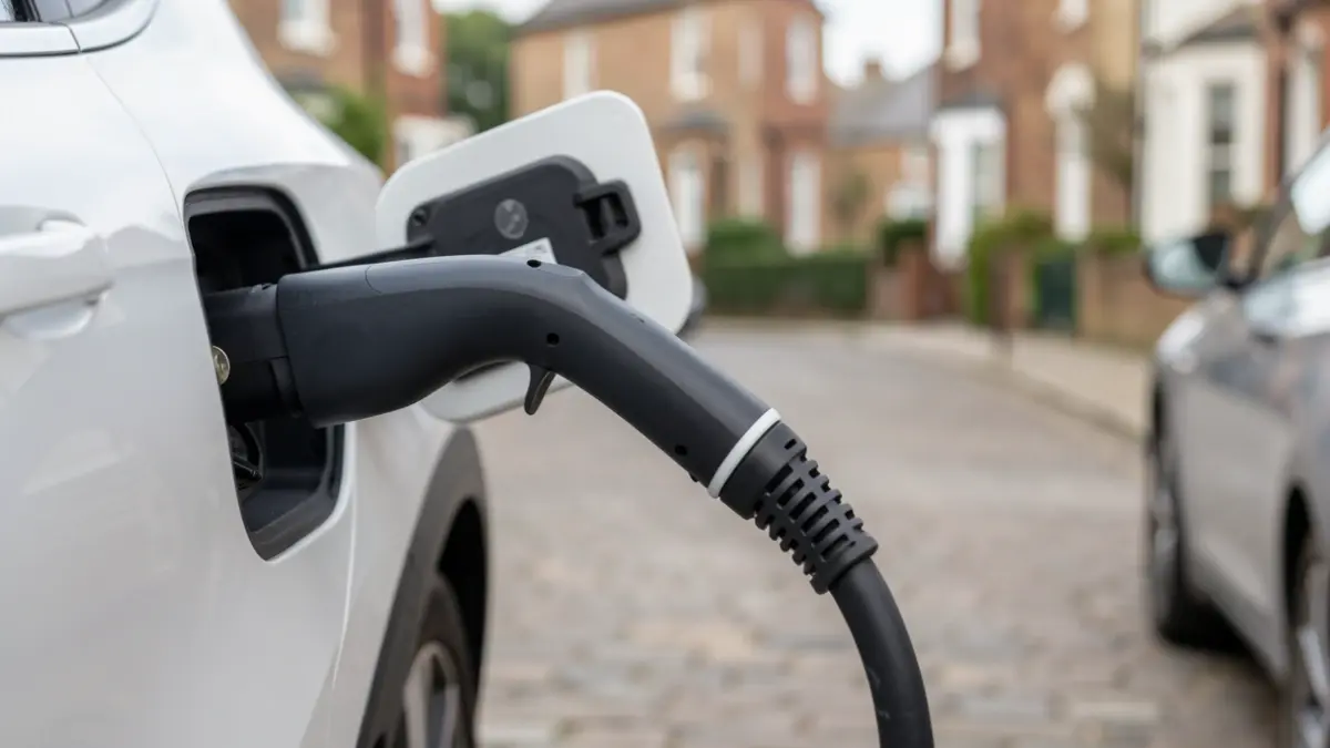 Generic image of an electric vehicle charging cable connected to a car on a street.
