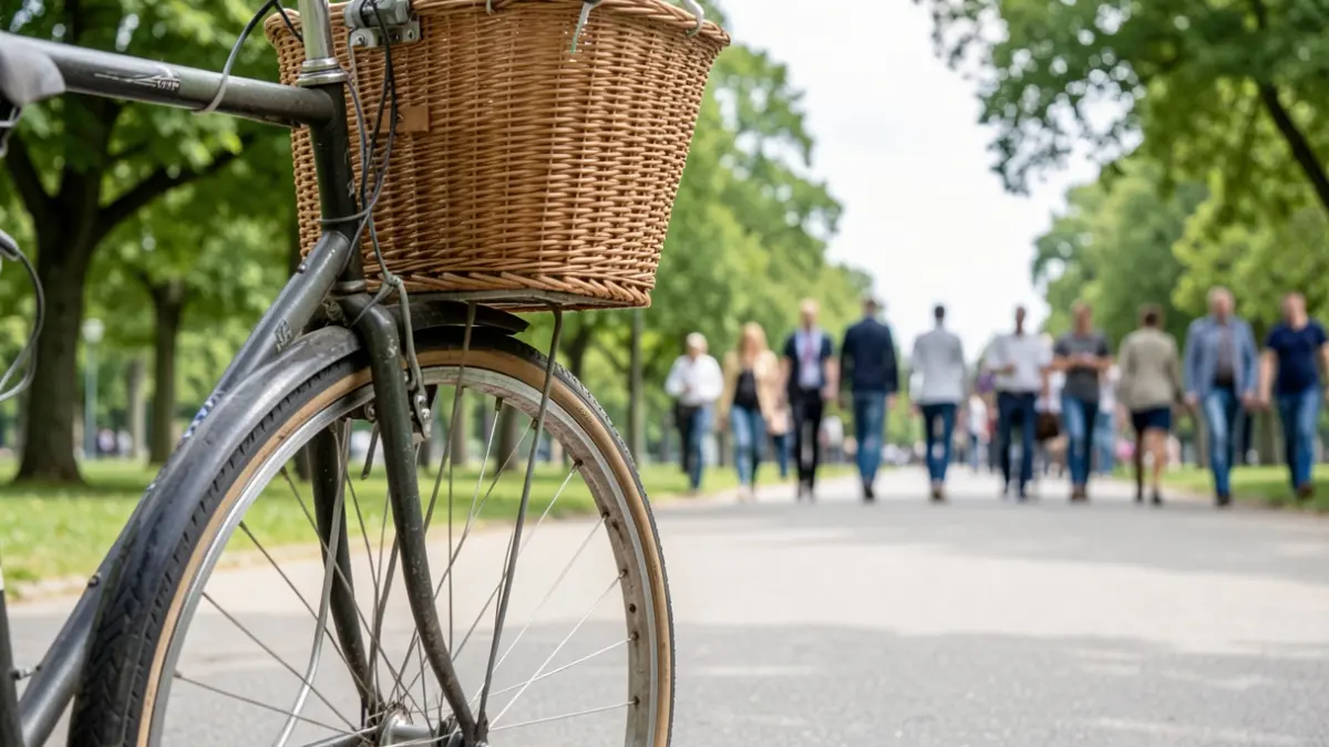 A bicycle with a basket, ready for use at a community bike library.
