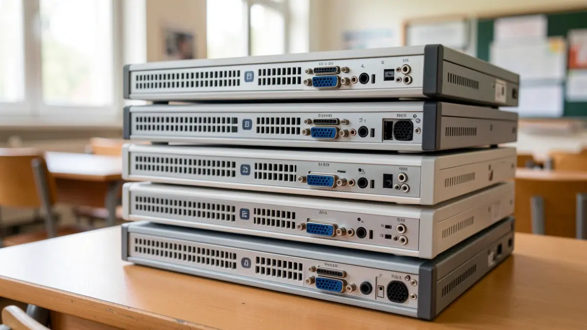 Refurbished computer monitors ready for use in a school classroom.