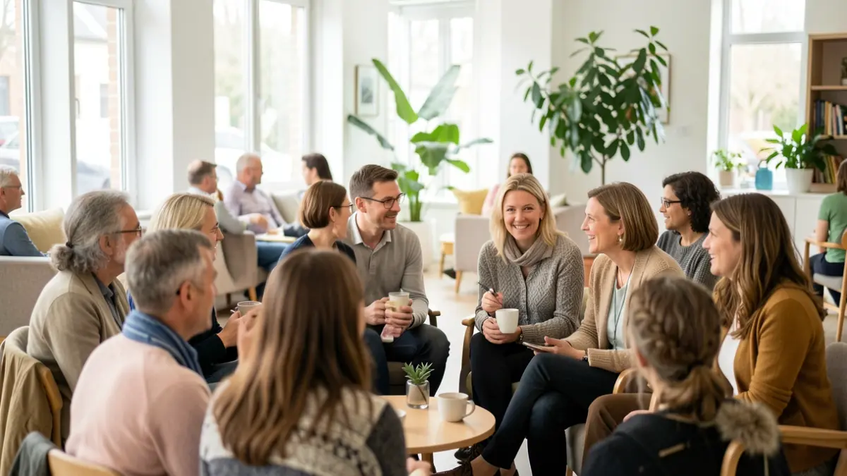 Diverse group of people talking supportively in a community setting, promoting mental wellbeing.