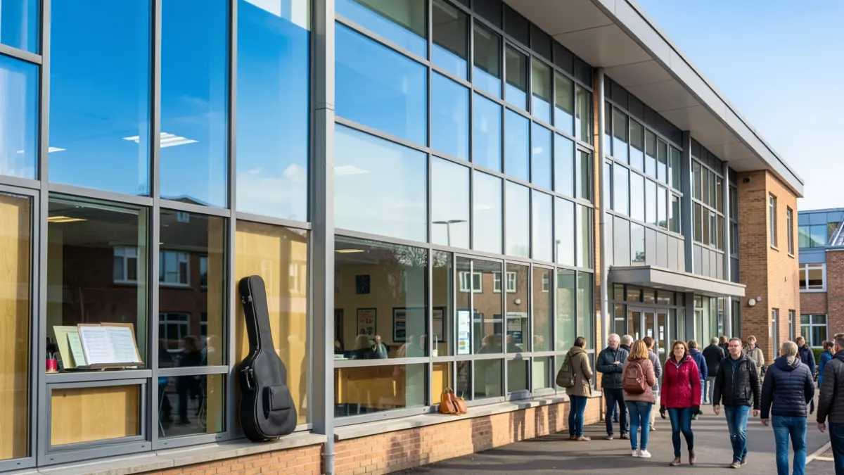 Exterior view of a modern college building with musical elements, representing a presentation on music careers.