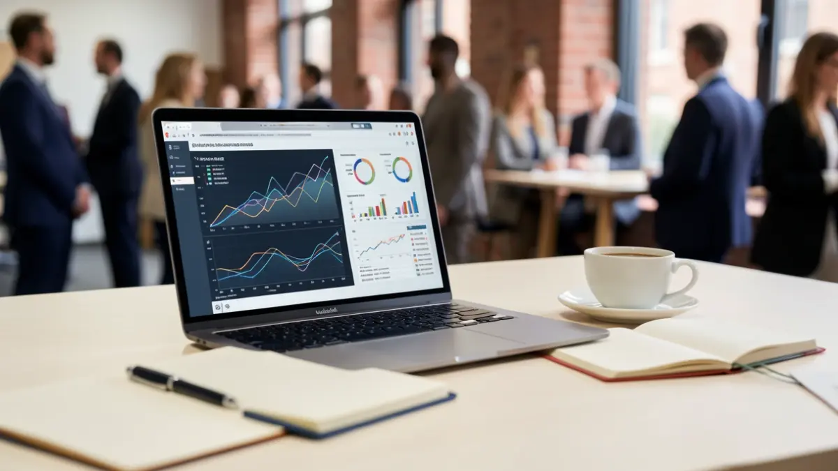 A modern office desk with a laptop showing data visualizations, a notebook, and a coffee cup, representing a new digital transformation role.