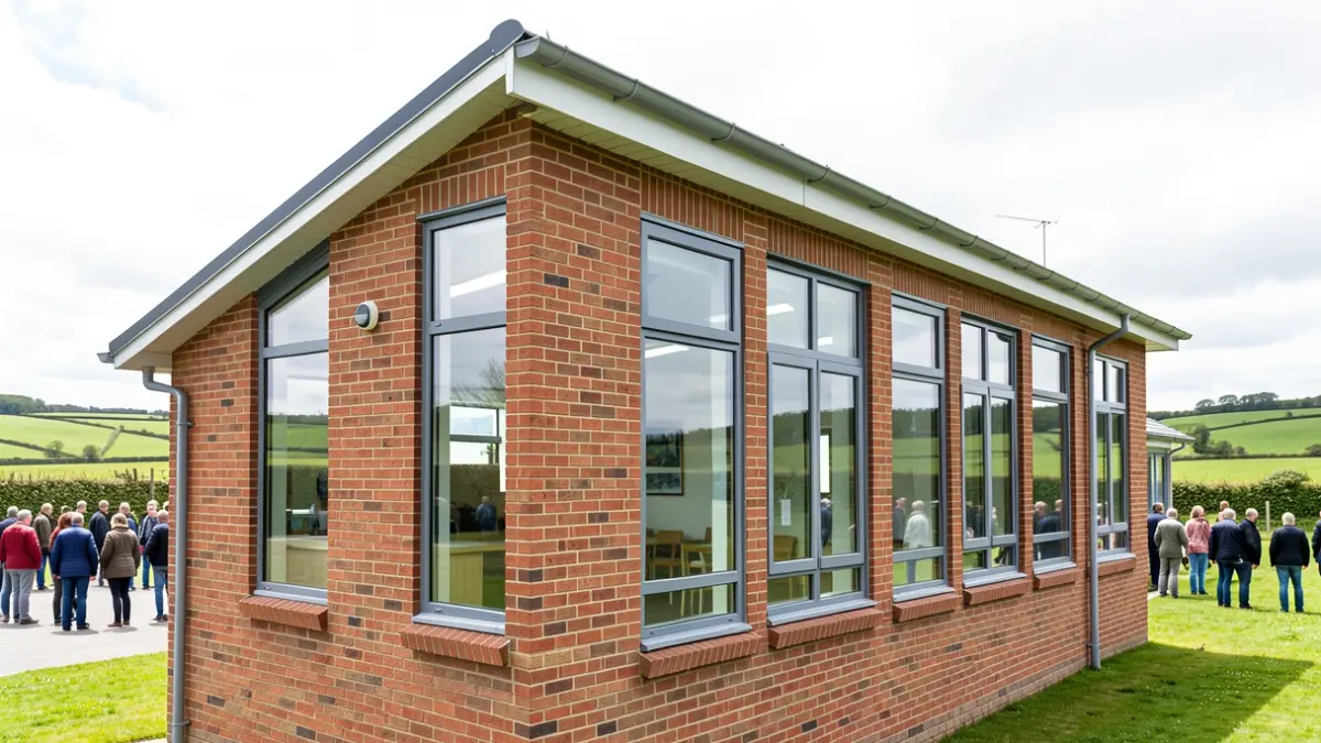 School building with modernised windows and roof, indicating recent maintenance work.