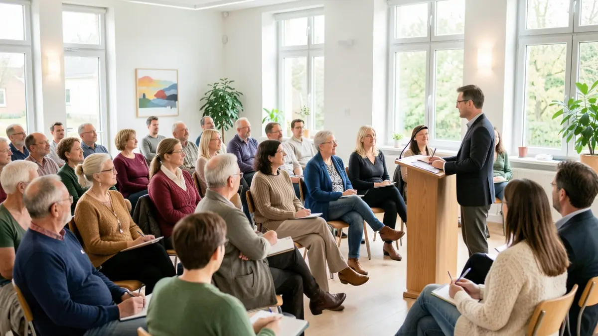 A diverse group of people attending a community meeting about becoming a councillor.