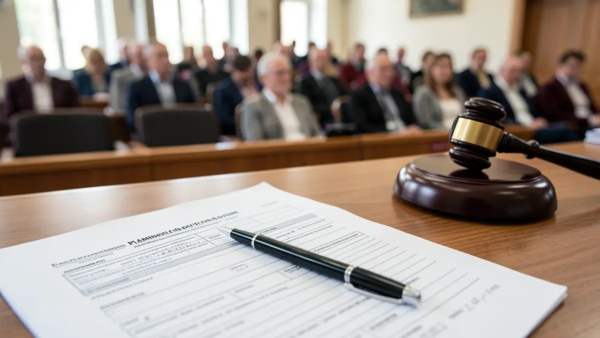 Close-up of a planning application form with a pen, blurred council chamber in the background.