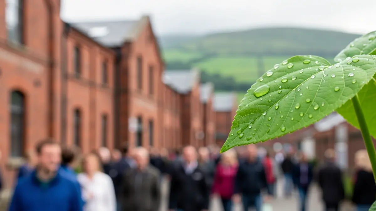 A green leaf symbolising environmental efforts against a backdrop of North West England's industrial heritage.