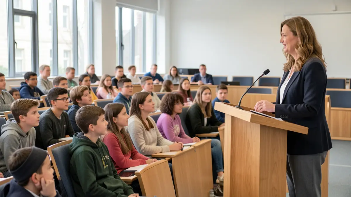 Generic image of a diverse group of students listening to a speaker in a lecture hall.