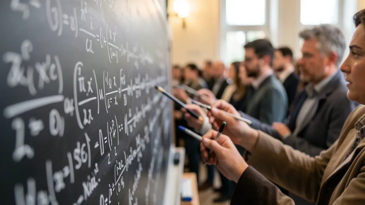 Close-up of mathematical equations on a blackboard with students' hands in the background.