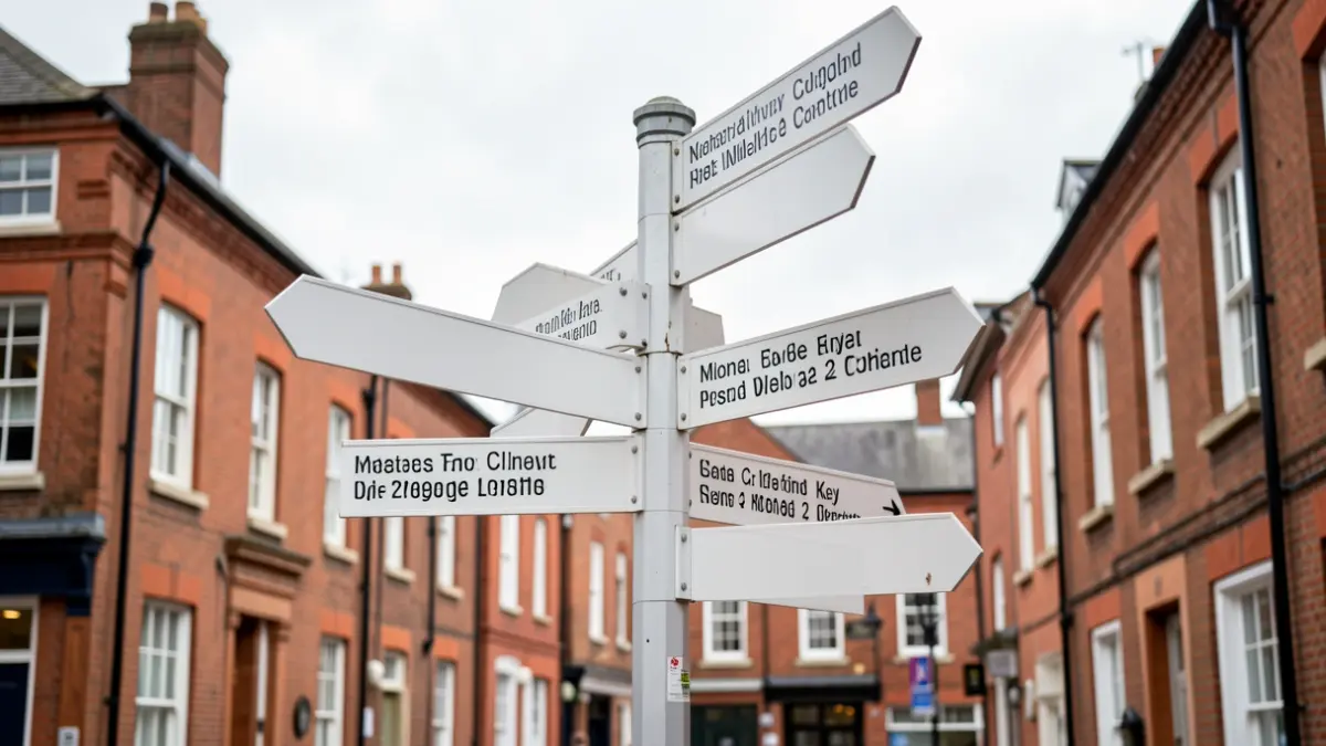 Generic image of a town centre signpost with directional arrows.