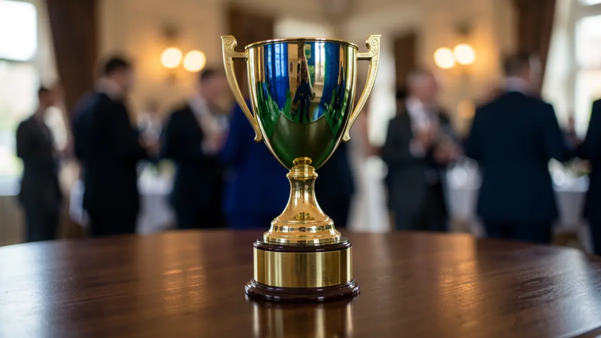 A close-up of a golden trophy, symbolising business achievement.