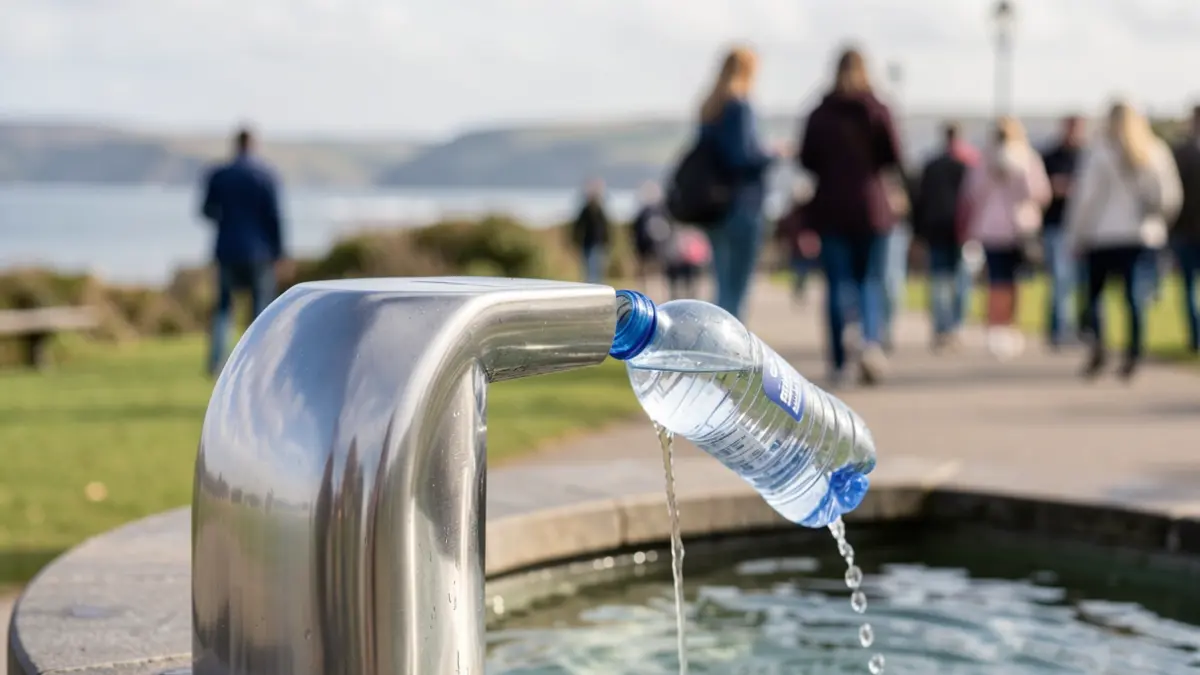 Generic image of a water fountain spout being used to refill a reusable bottle, with a blurred park or promenade in the background.