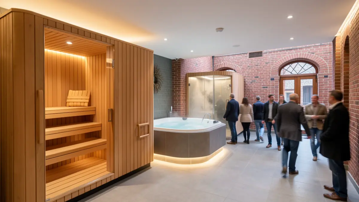 Interior of a modern spa with sauna, jacuzzi, and steam room.