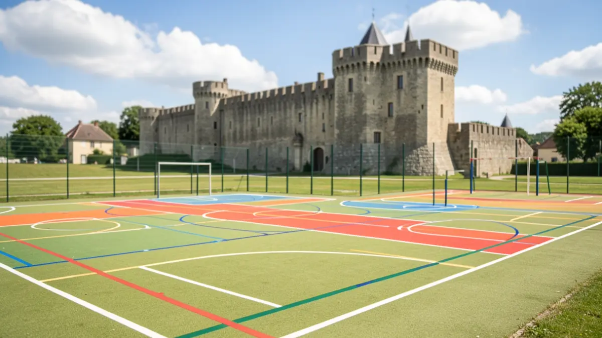 Generic image of a modern multi-use games area with colourful markings, set against the backdrop of an old stone castle.